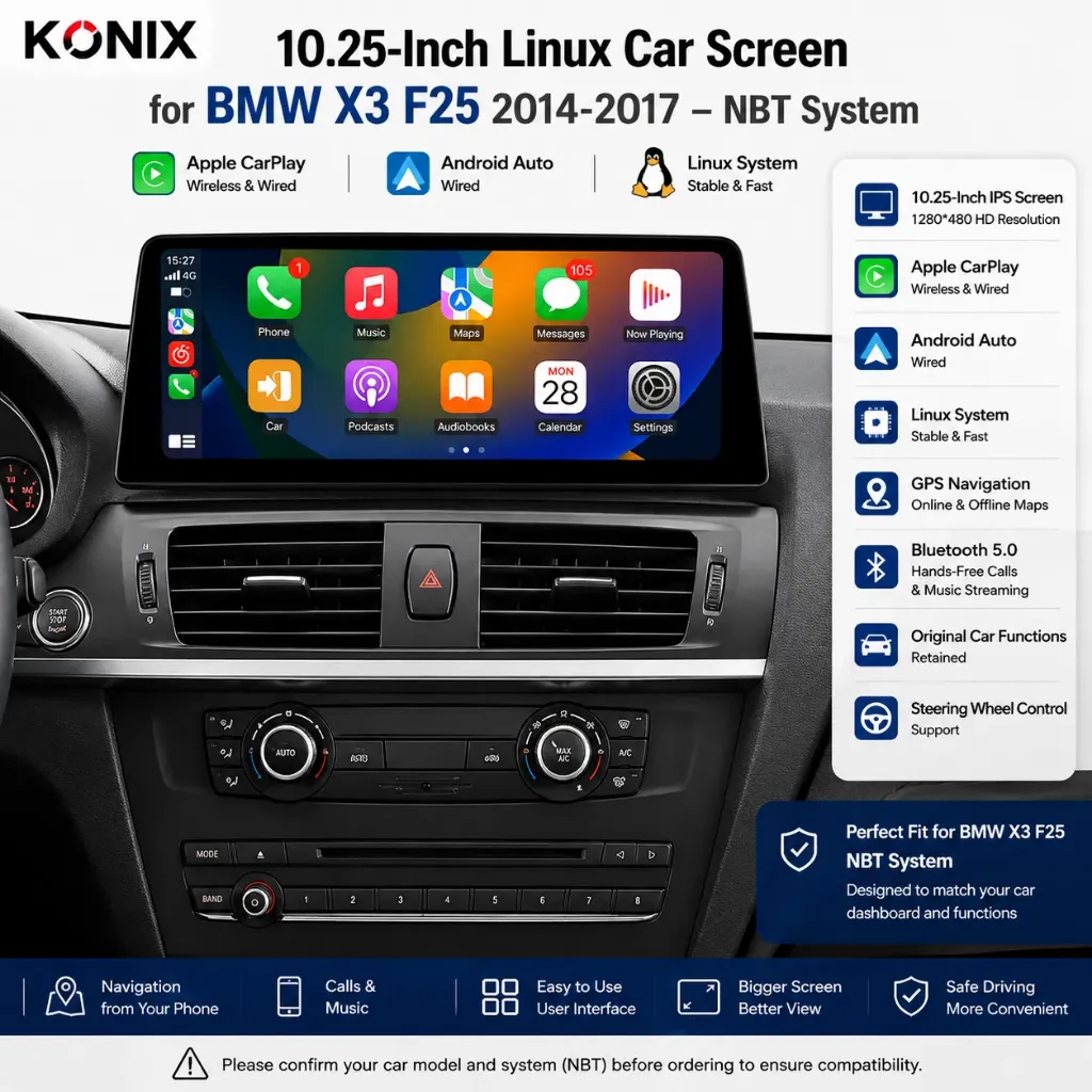 Konix شاشة 10.25 بوصة Linux لسيارة BMW X3 F25 (2014-2017) – نظام NBT