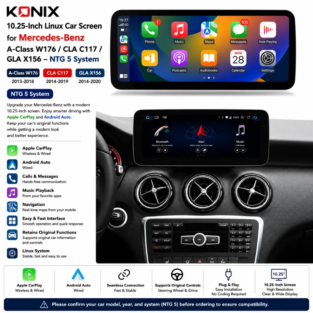 Konix شاشة 10.25 بوصة Linux لمرسيدس A-Class W176 / CLA C117 / GLA X156 – نظام NTG 5