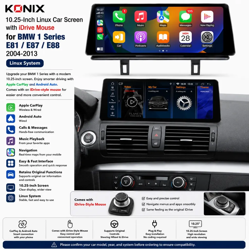 Konix شاشة 10.25 بوصة Linux بها ماوس لسيارة BMW الفئة 1 E81/E87/E88 (2004-2011)